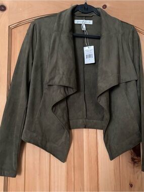 GENERATION Y Olive Draped Open-Front Suede Jacket